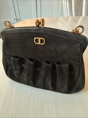 Bienan-Davis Vintage Black Suede Frame Clasp Shoulder Bag with Gold Hardware